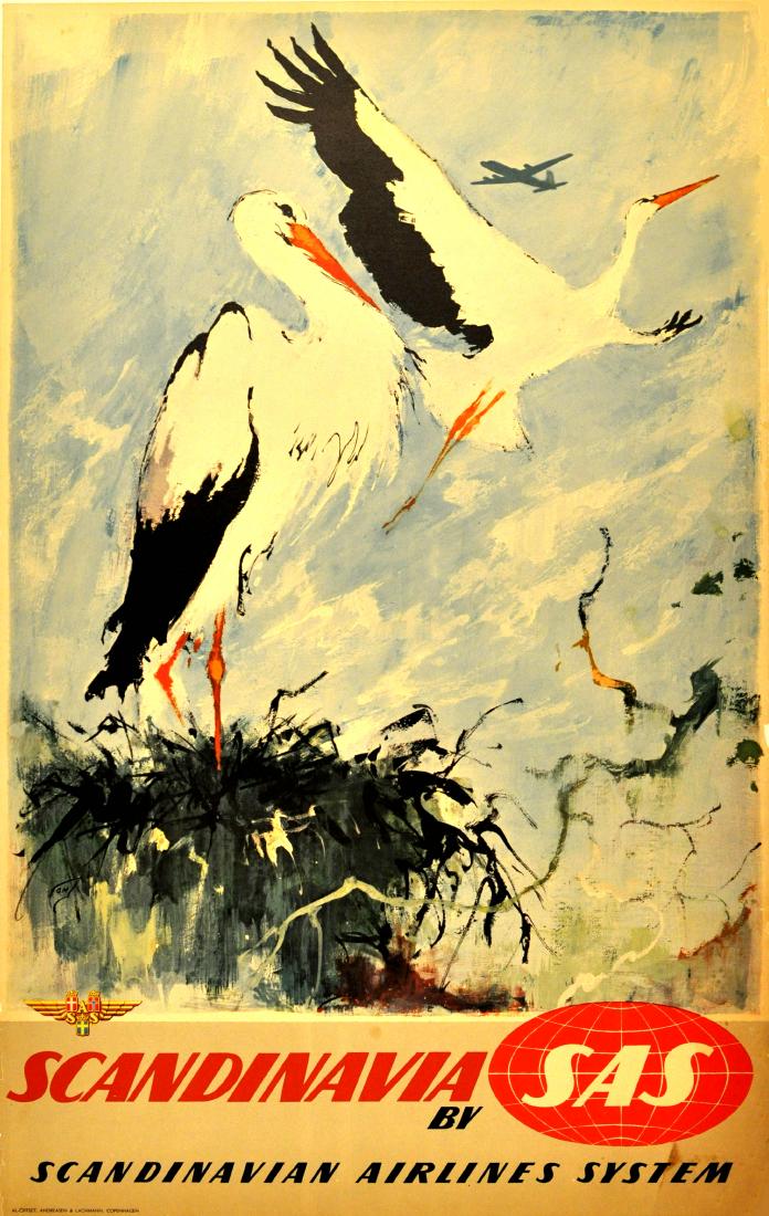 Travel Poster Scandinavia SAS Cranes Otto Nielsen: Original vintage travel poster promoting Scandinavia by SAS (Scandinavian Airlines System). Artwork by Otto Nielsen (1916-2000) featuring two cranes with a plane flying overhead, one bird with outstre