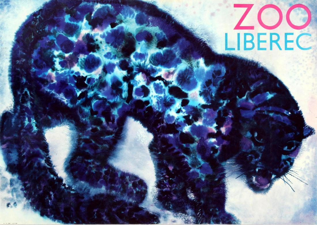 Travel Poster Liberec Zoo Snow Leopard: Original vintage travel advertising poster for the Liberec Zoo (founded 1919) in the Czech Republic. Fantastic depiction of a leopard or snow leopard in black, blue and purple colour shades with the t