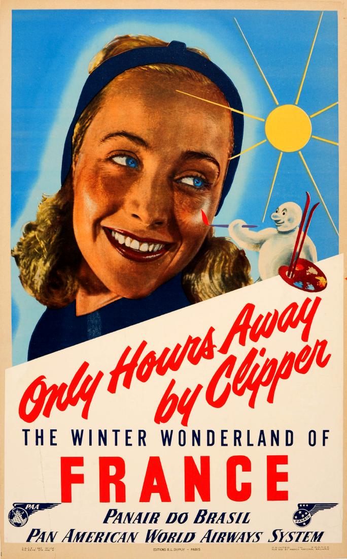 Ski Poster Winter Wonderland France PanAm Brasil SNCF: Original vintage travel advertising poster - Only Hours Away by Clipper The Winter Wonderland of France Panair do Brasil Pan American World Airways System - featuring a tanned smiling young lady with