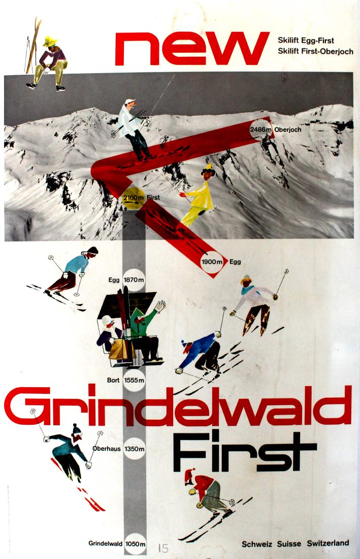 Ski Poster Grindelwald First Switzerland Hans Thoni: Original vintage skiing poster for Grindelwald First, one of the summits of the ski resort village of Grindelwald located in the Bernese Alps region of Switzerland. Colourful image showing the ski lif