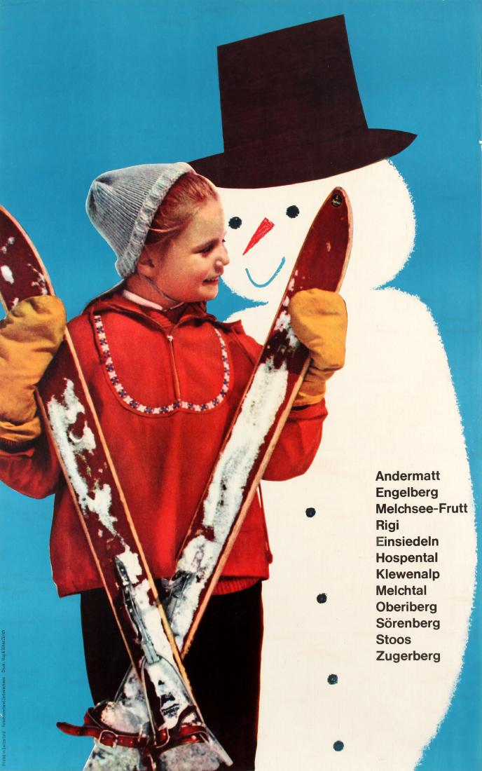 Ski Poster Zentralschweiz Swiss Skiing Villages: Original vintage winter travel advertising poster promoting the Swiss mountain resorts and skiing villages of Andermatt Engelberg Melchsee-Frutt Rigi Einsiedeln Hospental Klewenalp Melchtal Oberiberg 