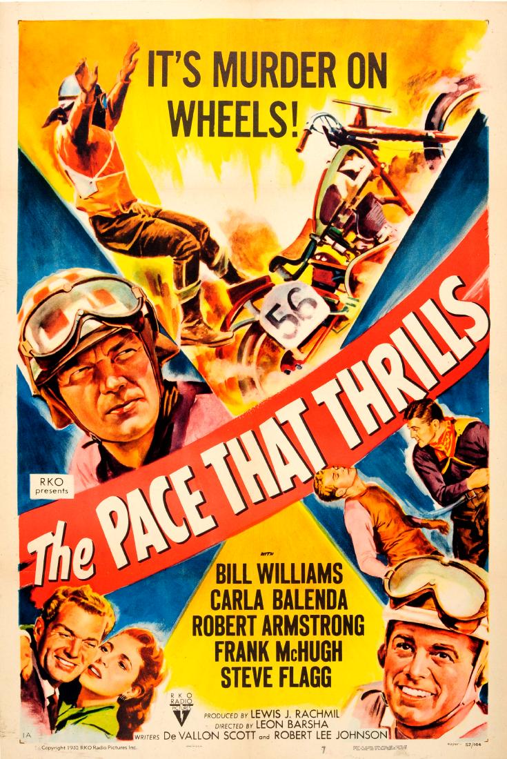 Sport Poster Pace That Thrills Motorcycle Racing: Original vintage action movie poster for a motorcycle racing film, The Pace That Thrills, starring Bill Williams, Carla Balenda and Robert Armstrong. It's murder on wheels! Dynamic poster featuring im