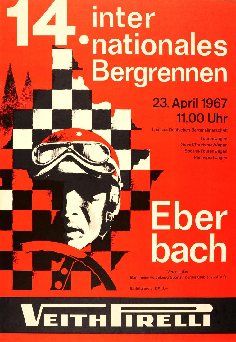 Sport Poster Eberbach Hill Climb Car Racing 1967: Original vintage car racing poster for the 14 Internationales Bergrennen Eberbach / Eberbach Hill Climb on 23 April 1967. Dynamic image on a red background featuring the face of a racing driver wearin