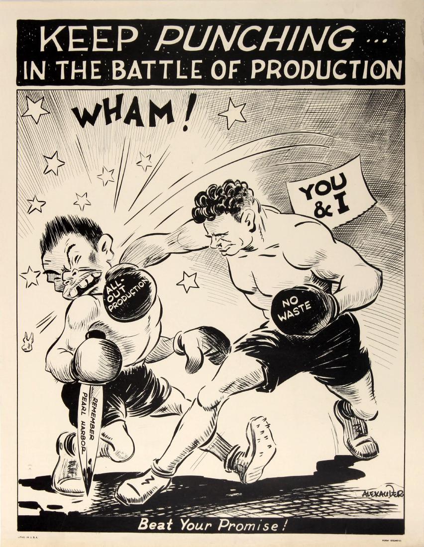 War Poster Anti Japan Keep Punching WWII USA Home Front: Original vintage American World War Twopropaganda poster: Keep Punching… In the battle of production – Beat Your Promise. Black and white caricature drawing showing a strong American punc
