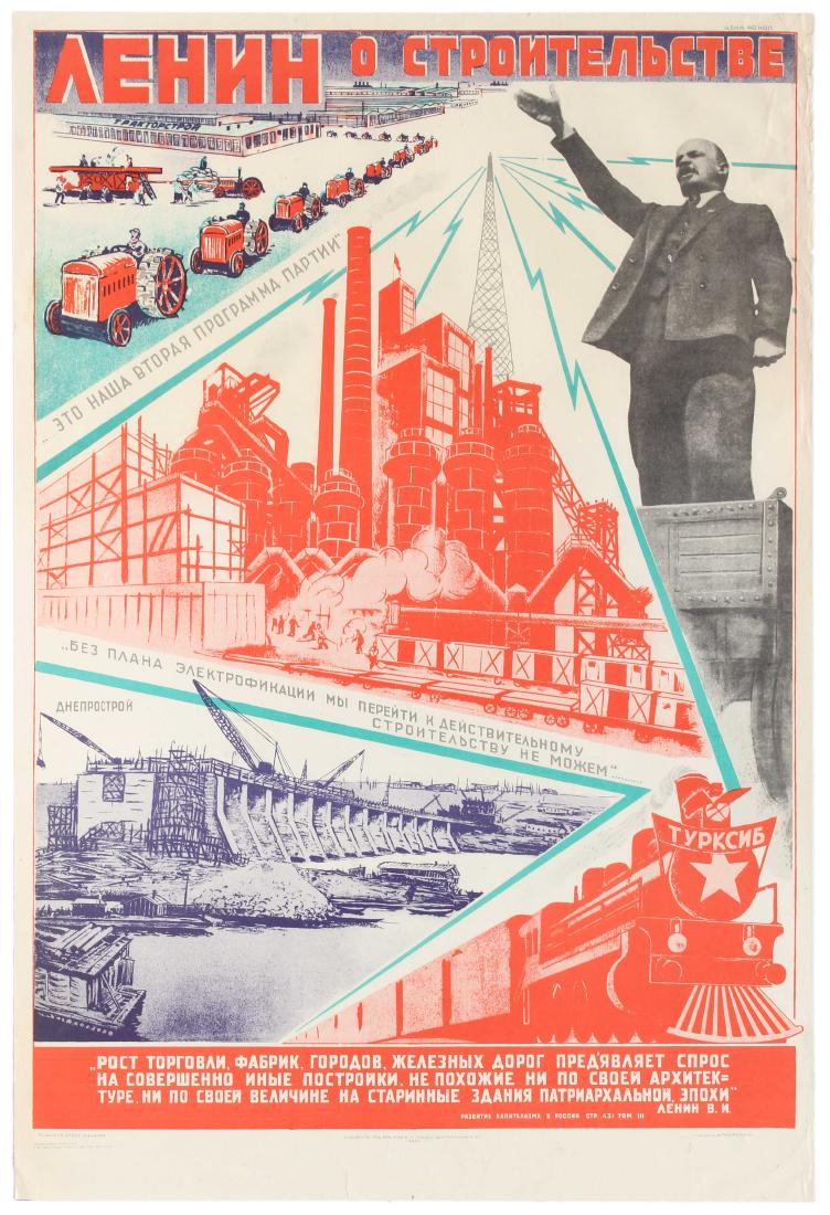 Propaganda Poster Lenin Construction USSR: Official Soviet 1968 vintage re-issue of the 1930 poster from an official government series of best poster designs re-issues. Constructivist propaganda poster - Lenin on Construction. Good condition, 