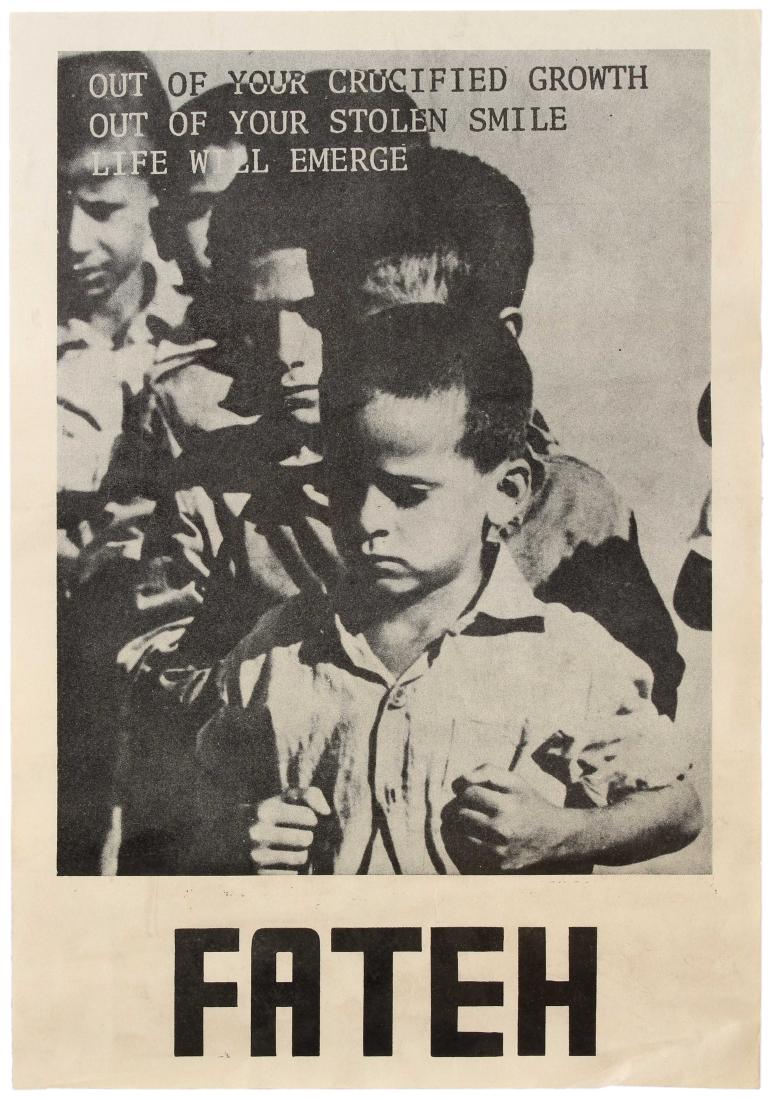 Propaganda Poster Fateh Crucified Growth FATAH: Original vintage propaganda poster - Fateh - Out of your crucified growth, out of your stolen smile, life will emerge. Published by FATAH (Palestinian National Liberation Movement). Excellent conditio