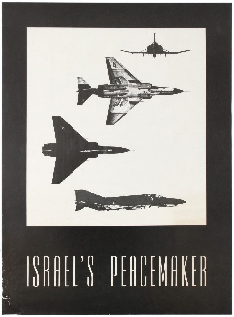 Propaganda Poster Palestine Israel Peacemaker Fighter: Original vintage propaganda poster Israel's Peacemaker featuring black and white images of a fighter jet. Good condition, creasing and tears on margin. County: Lebanon, year of printing:1970s, designe