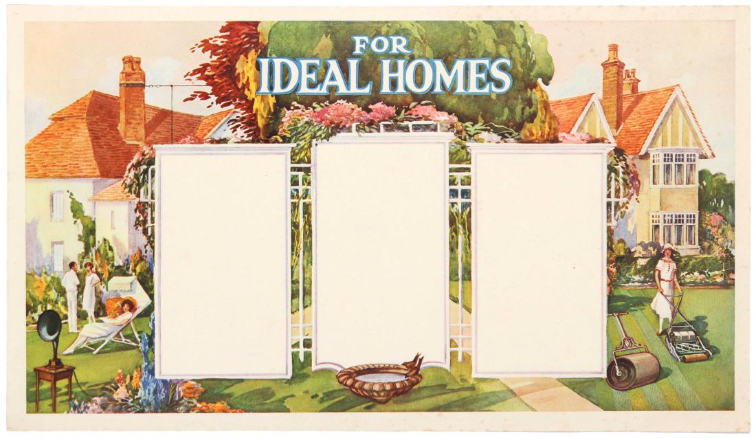 Advertising Poster For Ideal Homes: Original vintage advertising poster For Ideal Homes featuring illustration of picturesque homes and gardens with three blank banners in the middle. Good condition, tears, foxing. County: UK, year of p