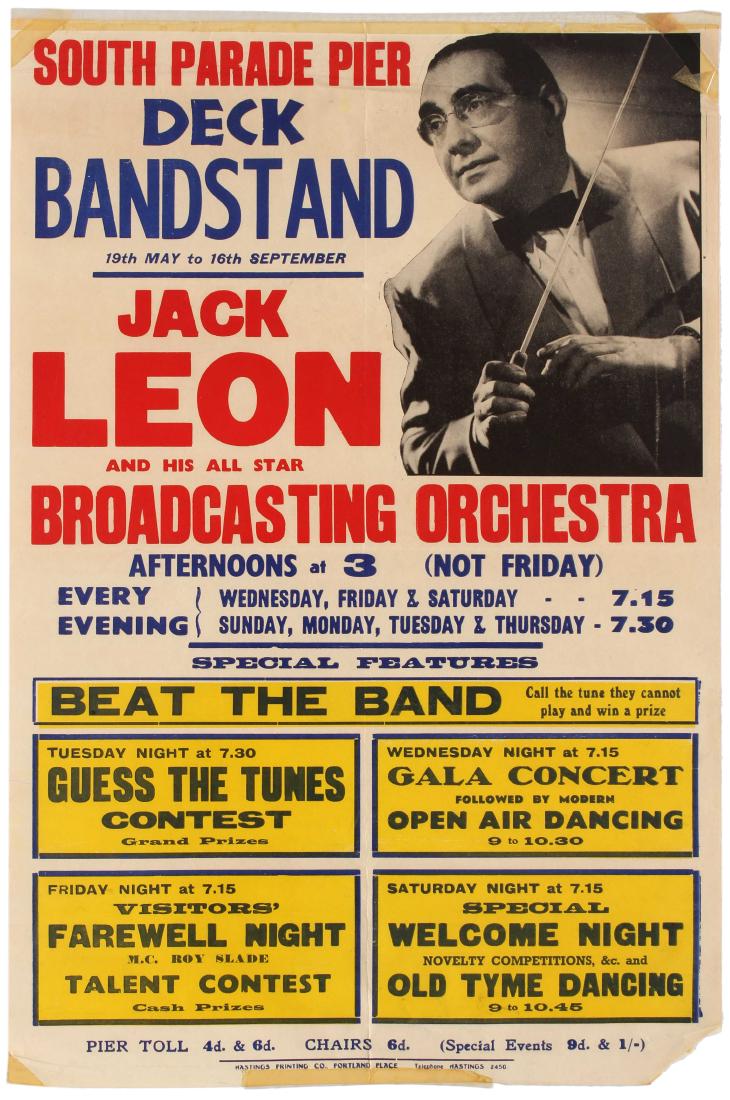 Advertising Poster Jack Leon Orchestra South Parade: Original vintage advertising poster for Jack Leon and his all Star Broadcasting Orchestra on Southsea South Parade Pier Deck Bandstand. Fair condition, clear tape across top and bottom margin, creases