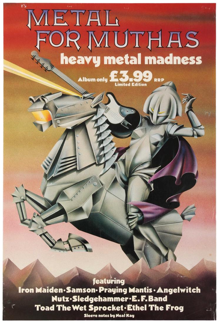Advertising Poster Metal for Muthas Heavy Metal Iron: Original vintage music advertising poster for the release of Metal for Muthas in February 1980, the first album of a series of heavy metal compilations made during the new wave of British heavy metal 