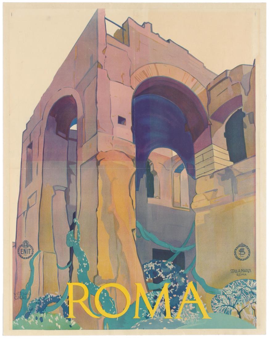 Travel Poster Rome Roma Italy ENIT: Original vintage travel advertising poster published by the Italian tourist board ENIT to promote the Trajan's Market / Mercato di Traiano ruins in the city of Rome built in 100-110AD as shopping arca