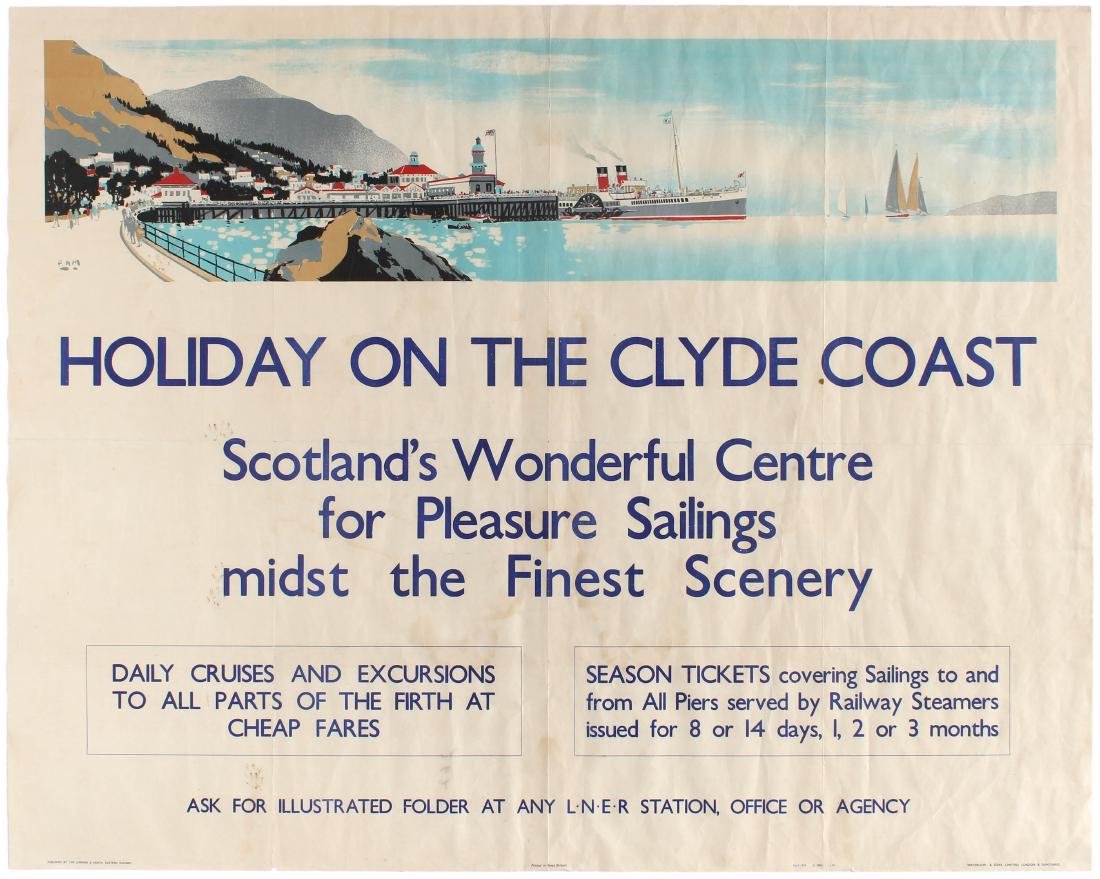 Travel Poster Holiday Clyde Coast Scotland LNER Frank: Original vintage travel poster published by the London & North Eastern Railway to promote the Clyde coast in Scotland as a holiday destination for sailings midst wonderful scenery. Fair condition, fol