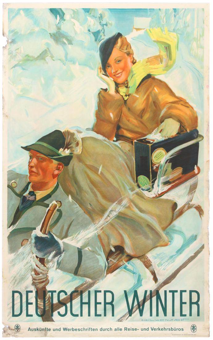 Travel Poster Sledge German Winter Art Deco Railway: Original vintage poster German Winter / Deutscher Winter, featuring a stunning image of a man wearing traditional clothing driving a sledge with a lady smartly dressed in a warm coat and hat holding a