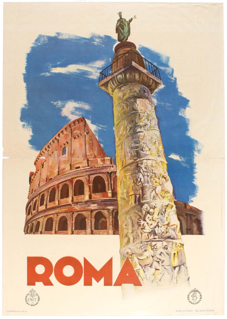 Travel Poster Roma Rome Italy Travel Poster ENIT: Rare large size original vintage travel poster for Rome / Roma issued by ENIT and Italian Railways. Great image of the Roman Colliseum and Column. Fair condition, creasing, paper losses, folds, large