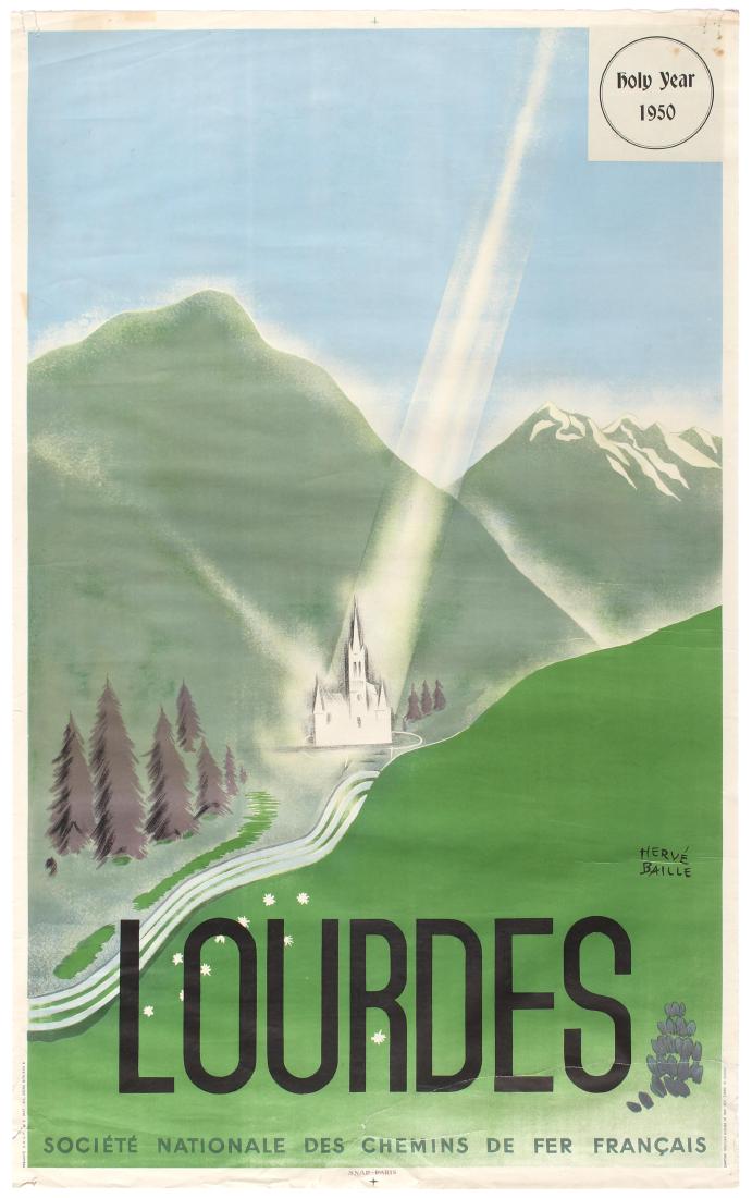 Travel Poster Lourdes French National Railway SNCF: Original vintage travel poster for the small market town of Lourdes lying in the foothills of the Pyrenees, one of the world's most important sites of pilgrimage and religious tourism. Fair condition,