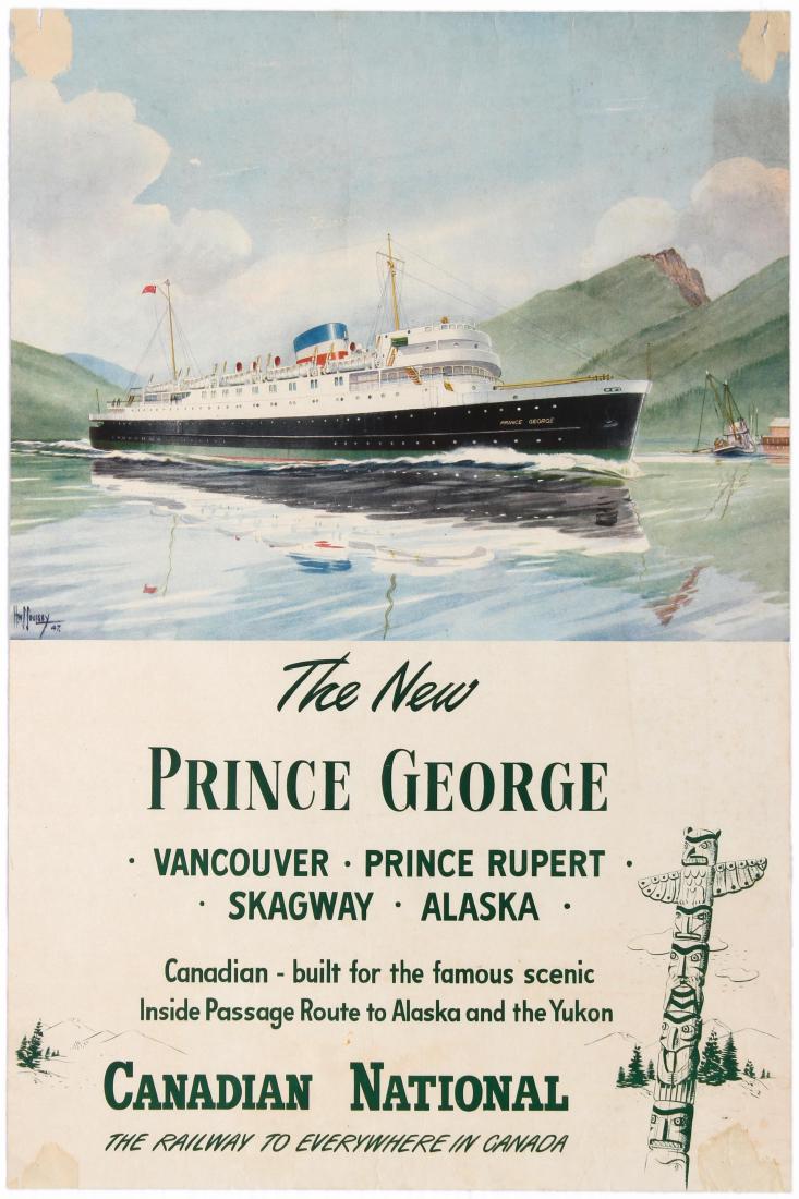 Travel Poster The New Prince George Canadian National: Original vintage travel poster published by the Canadian National Railway promoting the new Canadian built ferry, The New Prince George, connecting the cities of Vancouver, Prince Rupert, Skagway and 