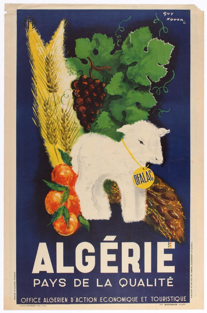 Propaganda Poster Algerie Algeria OFALAC: Original vintage travel poster for Algeria / Algerie featuring an illustration of a lamb, wheat, fruit and vegetables on a blue background. The lamb wears a badge of OFALAC - Office AlgÃ©rien d'acti