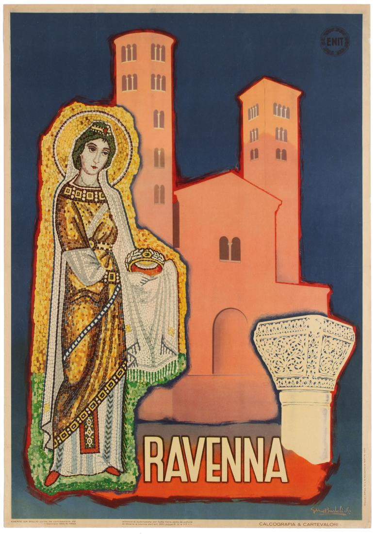 Travel Poster Ravenna Italy Mosaics ENIT: Original vintage travel poster Ravenna issued by ENIT. Good condition, folds, repaired tears. County: Italy, year of printing:1950, designer: Gino Barboli, size (cm): 100x70. Ravenna is the capital ci