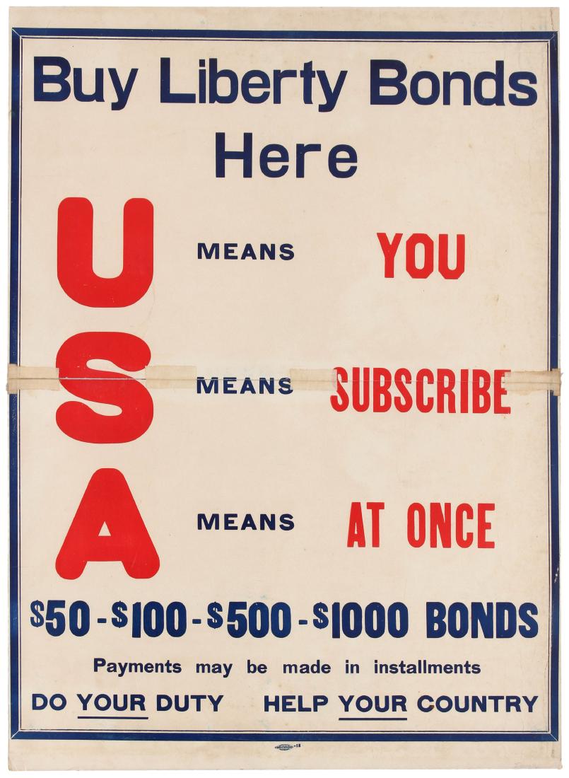 Propaganda Poster Subscribe Liberty Bonds WWI USA: Original vintage World War One propaganda poster Buy Liberty Bonds Here - Typographical poster reads - U means You, S means Subscribe, A means At Once. Fair condition, backed on two boards taped toget
