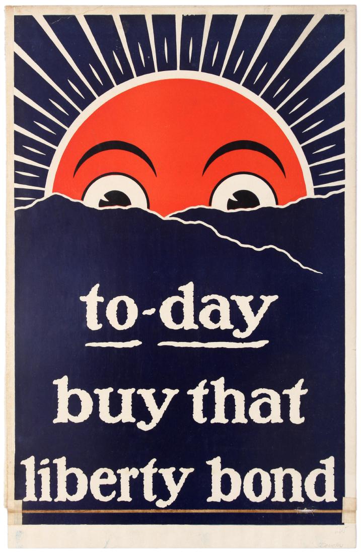 Propaganda Poster WWI Buy that Liberty Bond USA: Original vintage World War One poster Today Buy that Liberty Bond featuring a stylised artwork showing a large and orange sunshine emerging from behind mountains. Fair condition, repaired tears, backe