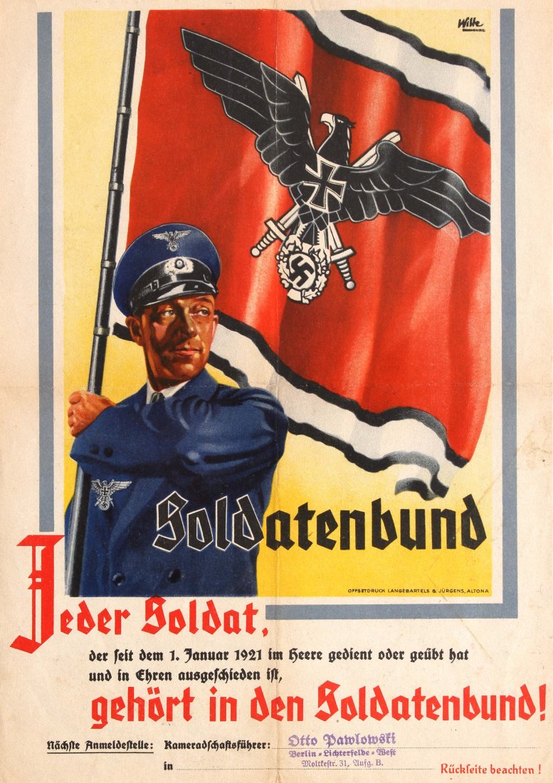 Nazi Propaganda Poster Soldatenbund Third Reich: Original vintage Nazi propaganda poster - Soldatenbund. Double-sided poster featuring illustration of a Nazi soldier waving a red flag with a swastika and Reichsadler symbol on it. Good condition, fol