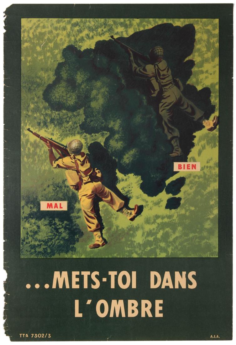 Propaganda Poster Put Camouflage Shadows WWII Canada: Original vintage World War Two propaganda poster Put Yourself in the Shadows / Mets-Toi Dans L'Ombre - Featuring great illustration of two soldiers aiming their guns, one in the shadows marked Bien /