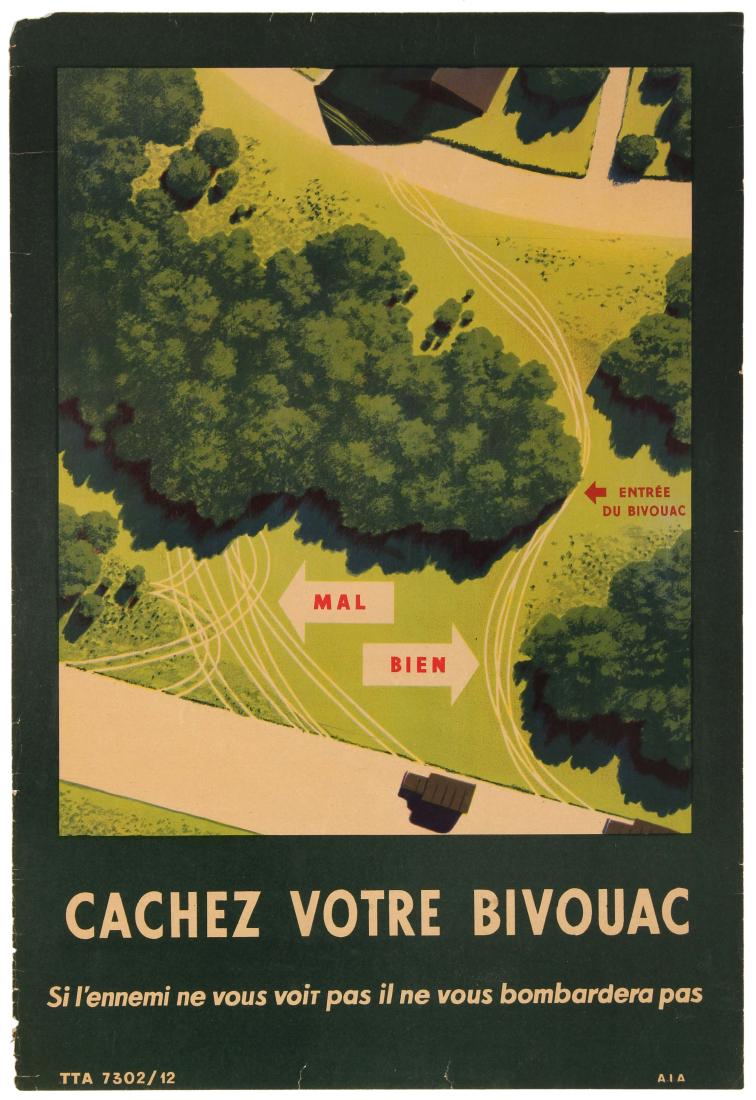 Propaganda Poster Bivouac Shelter WWII Canada: Original vintage World War Two propaganda poster Hide Your Bivouac - If the enemy does not see you he will not bombard you / Cachez Votre Bivouac - Si l'ennemi ne vous voir pas il ne vous bombardera p