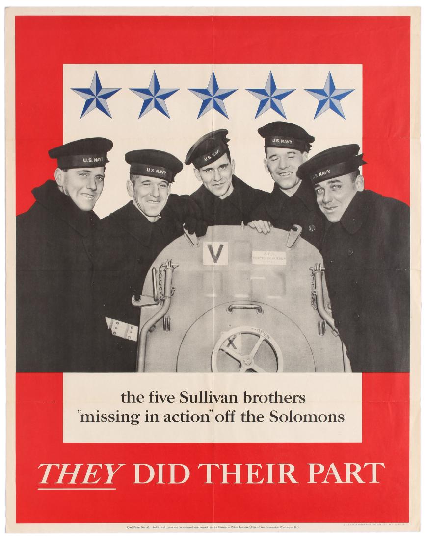 Propaganda Poster The Five Sullivan Brothers WWII USA: Original vintage propaganda poster The Five Sullivan Brothers - Missing in action off the Solomon's - They did their part. Black and white photo on a red background with five blue stars. Good conditio
