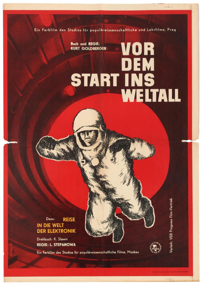Film Poster SciFi Space Travel DDR USSR Cosmonaut: Original vintage movie poster in German for the double bill screening of a Czech film directed by Kurt Goldberger and a Russian film directed by L. Stepanowa. The poster features a black and white dra