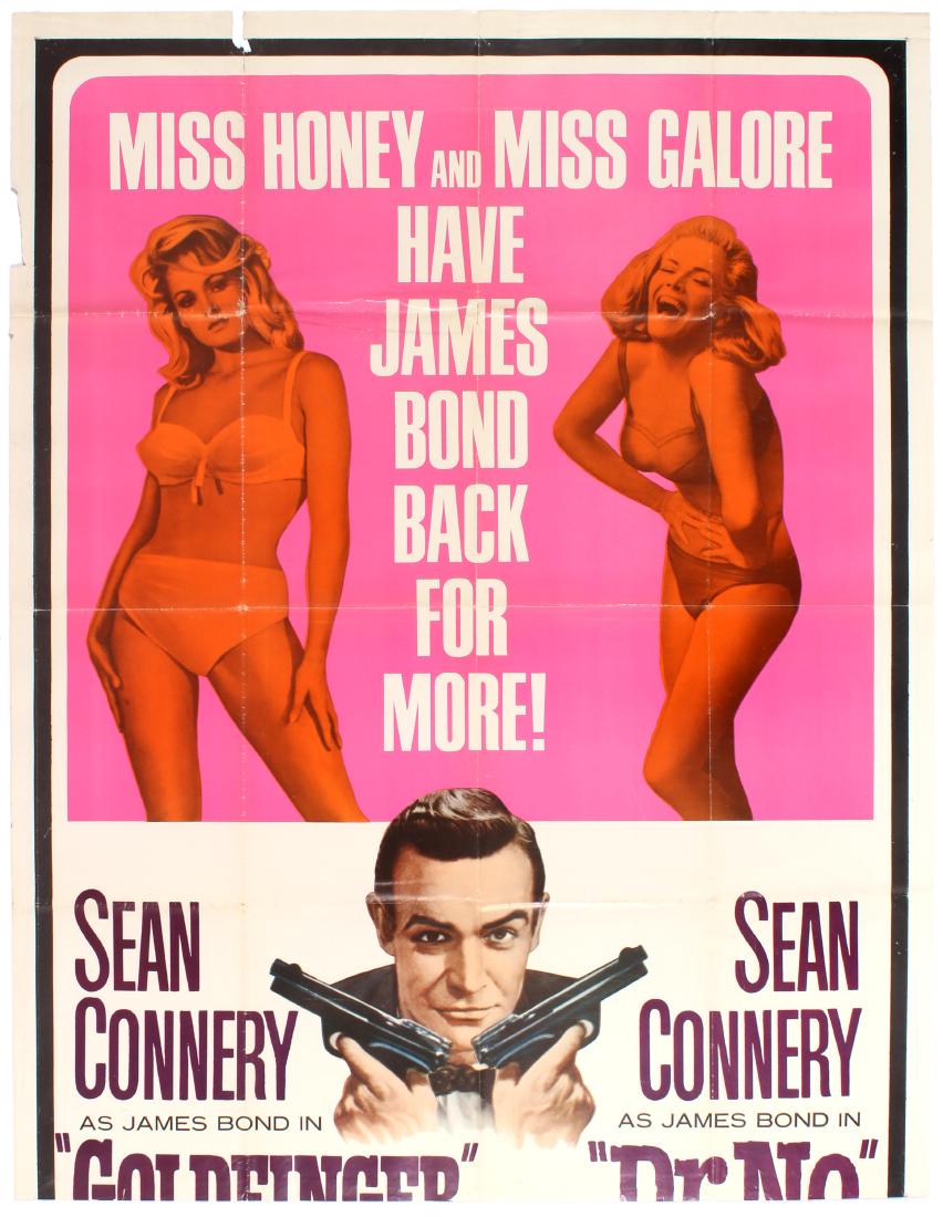 Film Poster James Bond Goldfinger Dr No Double Release: Original vintage cinema poster for the release of two 007 movies starring Sean Connery as James Bond - Dr No (1962) with Ursula Andress as Honey Ryder and Goldfinger (1964) with Honor Blackman as Puss