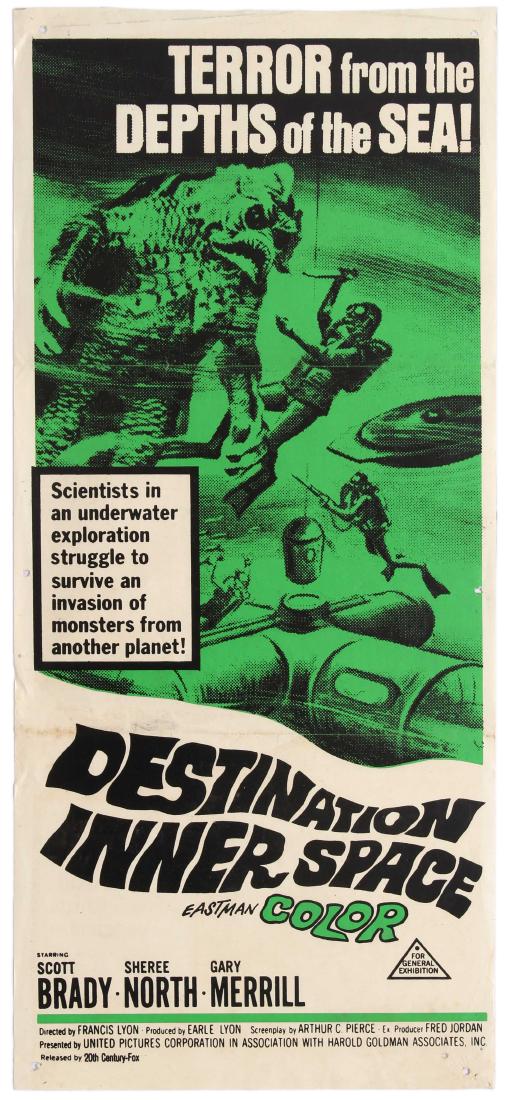 Movie Poster Destination Inner Space SciFi Horror: Original vintage movie poster for Destination Inner Space, a 1966 American science fiction film directed by Francis D. Lyon and starring Scott Brady, Sheree North and Gary Merrill. The poster features