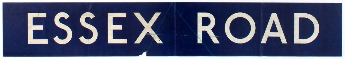 Travel Poster Essex Road London Underground Transport: Original large vintage sign for Essex Road, most likely printed by the London Transport for bus, tramway or underground. Lithograph on paper. Fair condition, paper loss on margin, creases, blue lines
