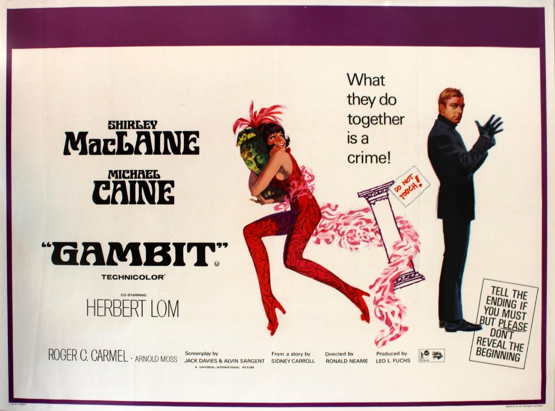 Cinema Poster Gambit Michael Caine Shirley MacLaine: Gambit Michael Caine Shirley MacLaine Original vintage British quad movie poster for Gambit, the Ronald Neame crime comedy starring Shirley MacLaine as a dancer, Nicole Chang, and Michael Caine as a b