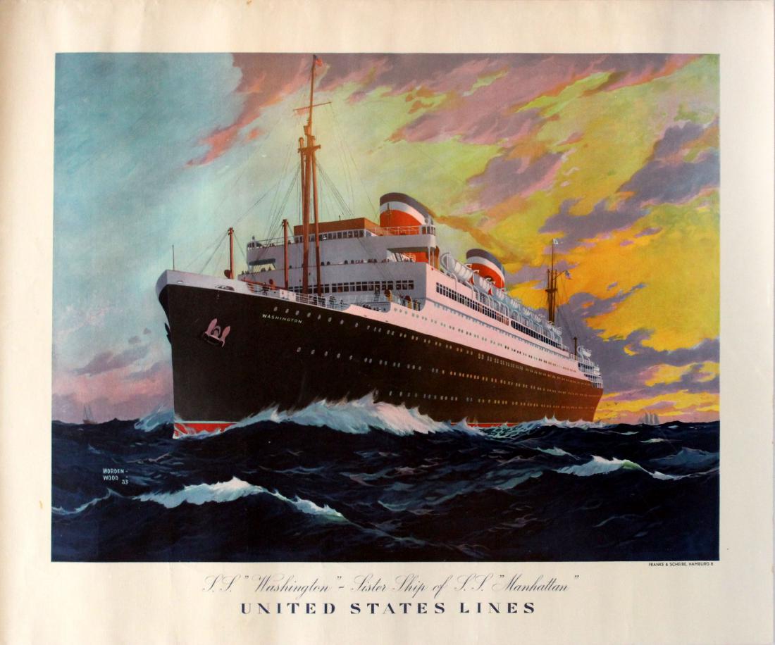 Advertising Poster United States Lines SS Washington: Original vintage cruise ship poster featuring a great image of the SS Washington sister ship of the SS Manhattan - United States Lines - sailing over a choppy ocean with land visible behind her agains