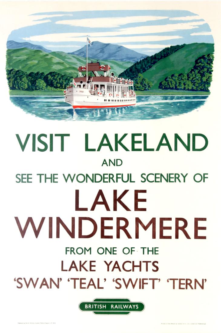 Travel Poster Lake District Lakeland British Railways: Original vintage British Railways poster: Visit Lakeland and see the wonderful scenery of Lake Windermere in the Lake District from one of the lake yachts Swan Teal Swift Tern. Great design showing th