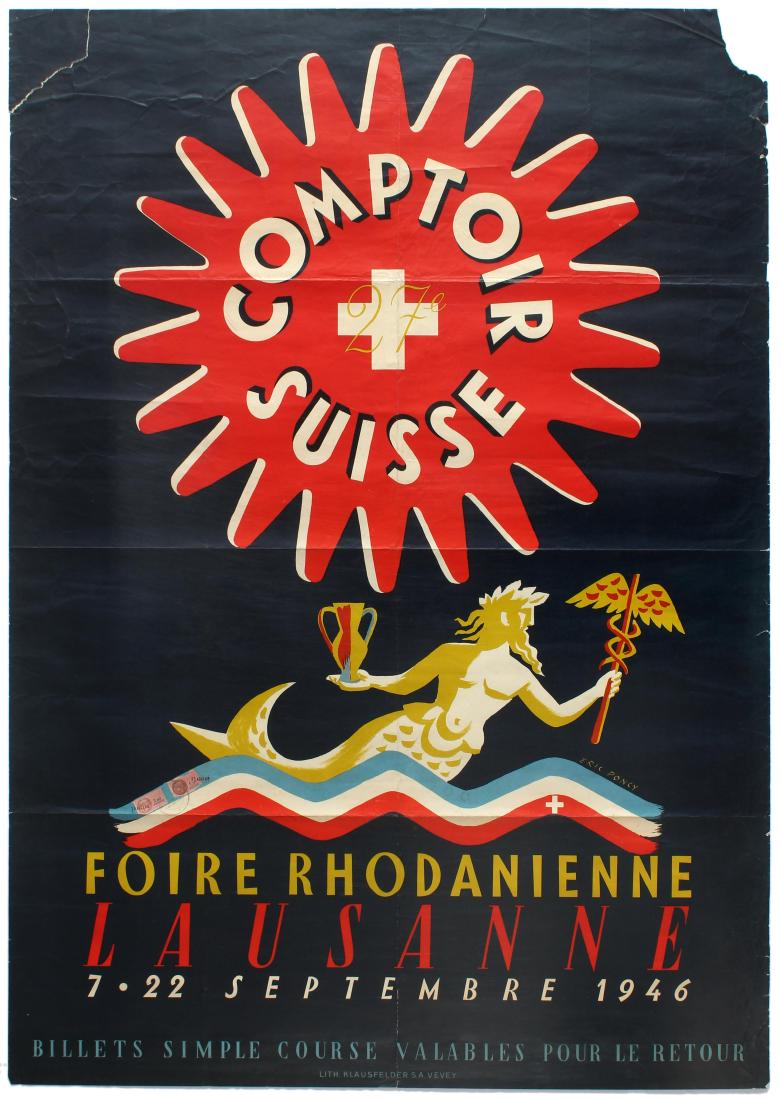 Advertising Poster Comptoir Suisse Switzerland: Original vintage advertising poster for Comptoir Suisse taking place at Foire Rhodanienne, Lausanne from 7-22 September 1946. Great illustration by Eric Poncy of Poseidon swimming across the sea below