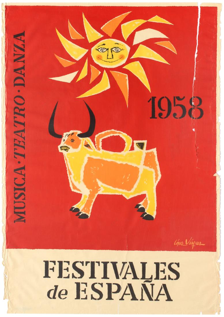 Advertising Poster Spain Festivals Festivales de Espana: Original vintage advertising poste for Festivales de Espana 1958 - Great image by Lopes Vaifuez of a bull standing under a smiling sunshine on a bold red background. Fair condition, several large tear