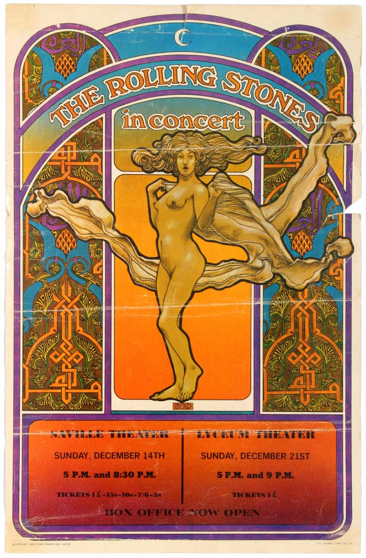Advertising Poster Rolling Stones Rock Concert Lyceum: Original vintage music poster advertising The Rolling Stones in Concert - Playing at the Saville theatre on Sunday December 14th 5pm and 8.30 PM and Lyceum Theatre on Sunday December 21st 5pm and 9pm.