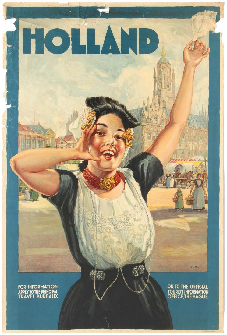 Travel Posters Holland Netherlands: Original vintage travel poster for Holland featuring a great illustration of a lady in traditional Dutch clothing holding up her hand to shout and waving a handkerchief in the air. Text reads - Hollan