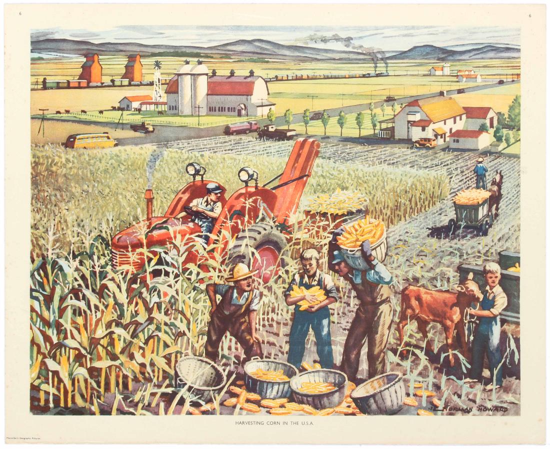 Travel Posters Harvesting Corn USA School Education: Original vintage school educational poster - Harvesting Corn in the USA featuring great illustration of American farmers working on a farm with houses, barns and green countryside in the background. I