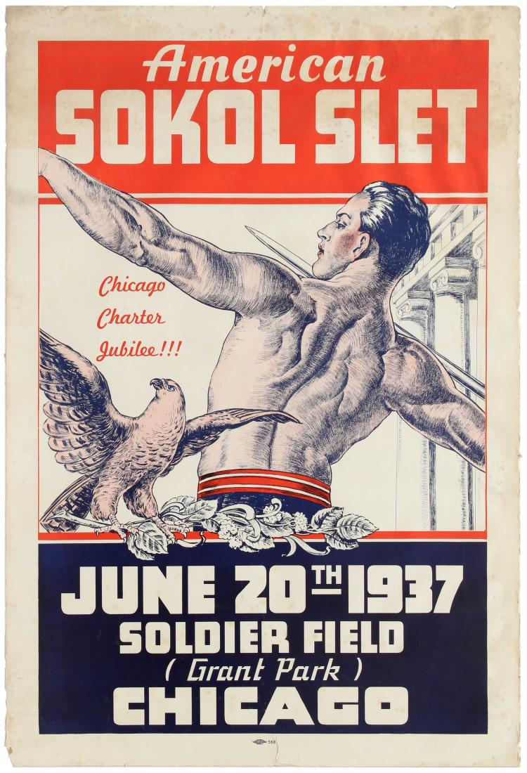 Sport Poster American Sokol Slet USA Sport Movement: Original vintage sport poster American Sokol Slet - Event took place on June 20th 1937 at Soldier field, Grant Park, Chicago. Great image of a man throwing a javelin next to a bird on a branch. Fair c