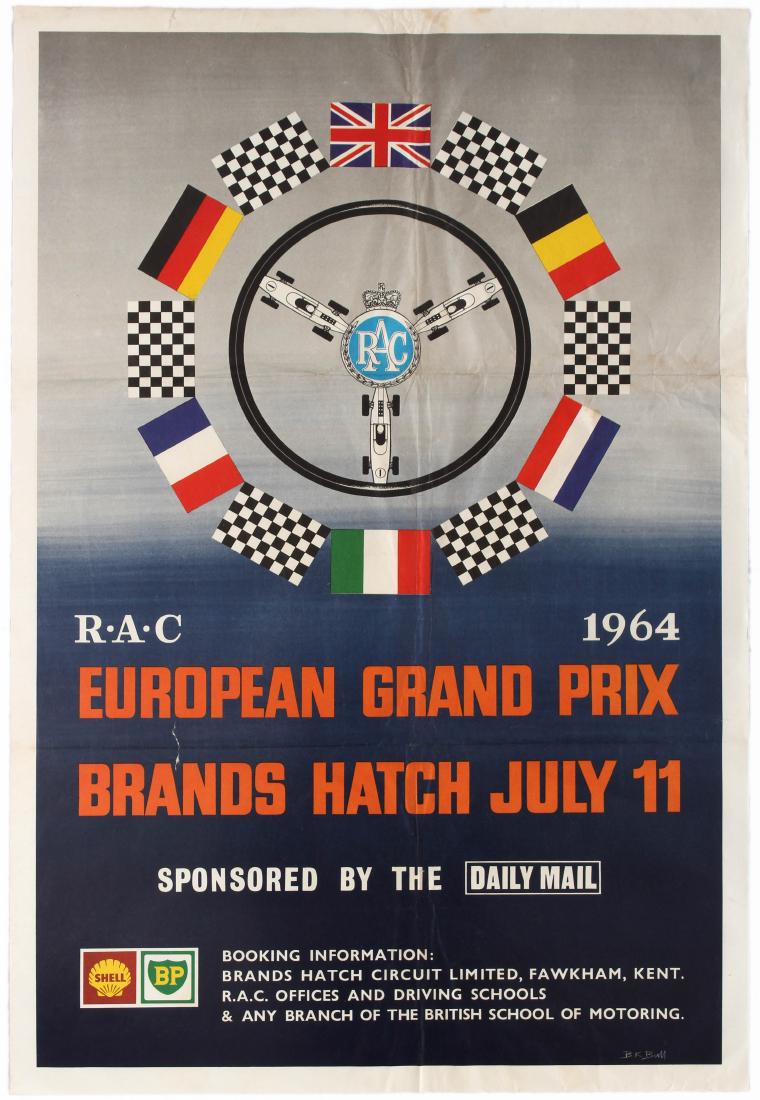 Sport Poster Formula 1 RAC European Grand Prix Brands: Original vintage Royal Automobile Club racing poster for the European Grand Prix at Brands Hatch on July 11, 1964. The 1964 British Grand Prix was a Formula One motor race held at Brands Hatch on 11 J