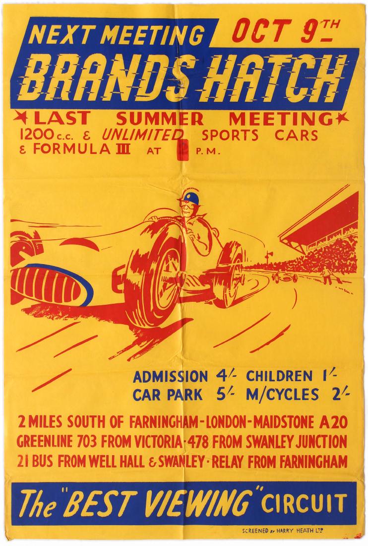 Sport Poster Brands Hatch Car Racing October 1955: Original vintage Brands Hatch racing poster for the Last Summer Meeting held at the famous circuit on October 9th, 1955 with a programme including 1200c.c., Unlimited Sports Cars and Formula III. Bran