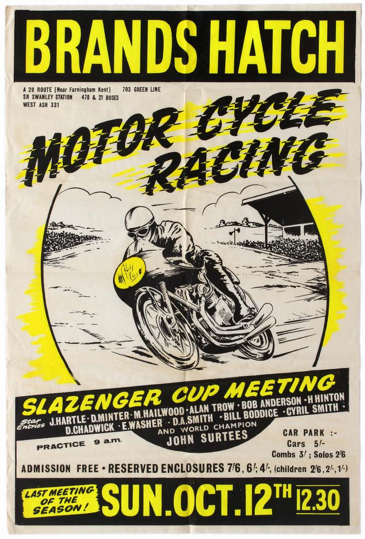 Sport Poster Brands Hatch Motorcycle Racing Slazenger: Original vintage Brands Hatch Motorcycle Racing poster for the Slazenger Cup Meeting held on Brands Hatch circuit on October 12, 1958, with star entries from Derek Minter, Bob Anderson, world champion