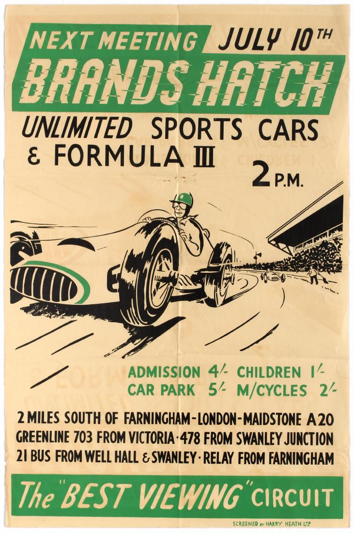 Sport Poster Brands Hatch Unlimited Sports Car Racing: Original vintage Brands Hatch Racing Racing poster for the Unlimited Sports Cars & Formula III race held on July 10, 1955 at Brands Hatch circuit. Silkscreen printed by Harry Heath Ltd. Brands Hatch i