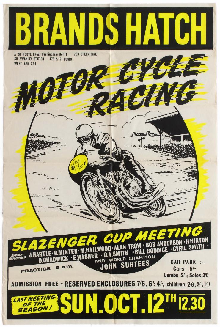 Sport Poster Brands Hatch Motorcycle Racing Slazenger: Original vintage Brands Hatch Motorcycle Racing poster for the Slazenger Cup Meeting held on Brands Hatch circuit on October 12, 1958, with star entries from Derek Minter, Bob Anderson, world champion