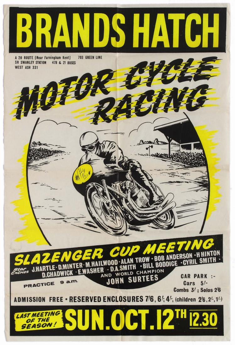 Sport Poster Brands Hatch Motorcycle Racing Slazenger: Original vintage Brands Hatch Motorcycle Racing poster for the Slazenger Cup Meeting held on Brands Hatch circuit on October 12, 1958, with star entries from Derek Minter, Bob Anderson, world champion