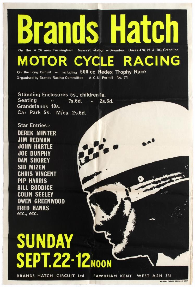 Sport Poster Brands Hatch Motorcycle Racing Derek: Original vintage Brands Hatch Motorcycle Racing poster for the race held on September 22, 1963, with a programme including the 500cc Redex Trophy Race with star entries from Derek Minter, Jim Redman, 