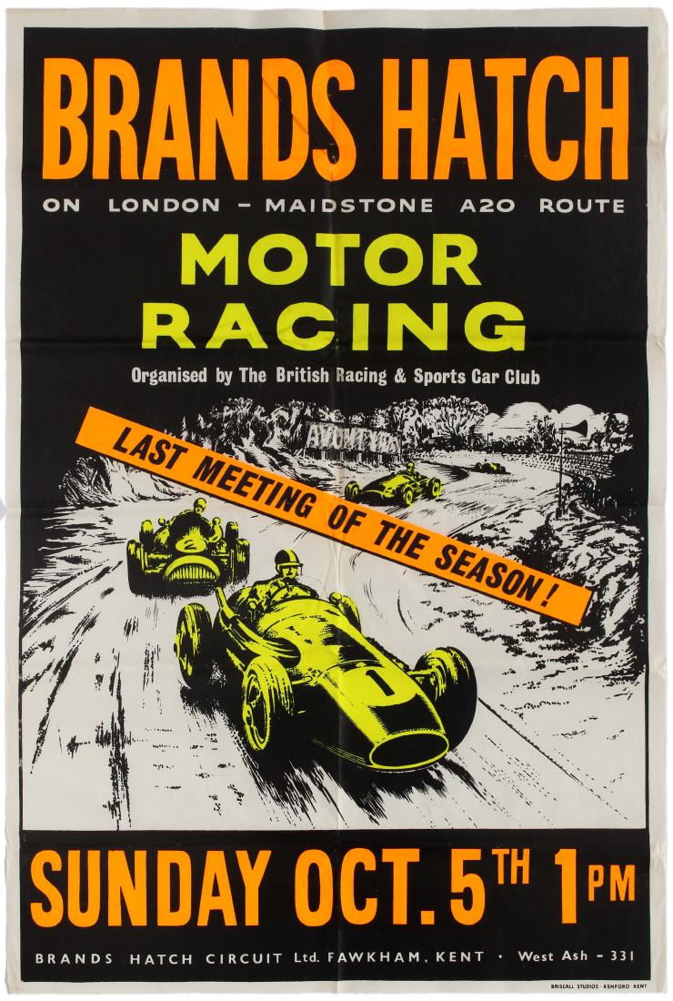 Sport Poster Brands Hatch Motor Car Racing BRAC: Original vintage Brands Hatch Motor Racing poster for the last meeting race of the season, held on Sunday, October 5, 1958, organised by the British racing & Sports Car Club. The British Automobile Ra