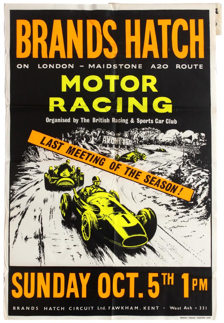 Sport Poster Brands Hatch Motor Car Racing BRAC: Original vintage Brands Hatch Motor Racing poster for the last meeting race of the season, held on Sunday, October 5, 1958, organised by the British racing & Sports Car Club. The British Automobile Ra
